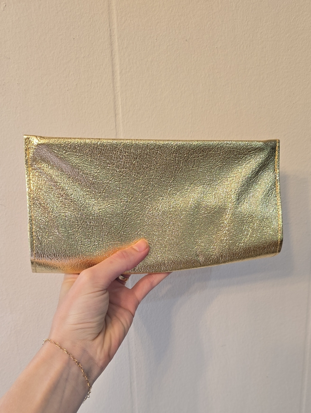 Mid-Century Metallic Leather Clutch Bag. Logo "F"
